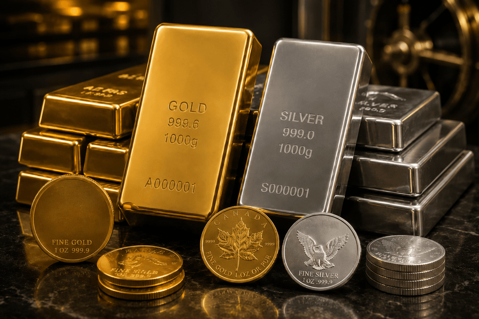 Stacked gold and silver bullion bars and coins
